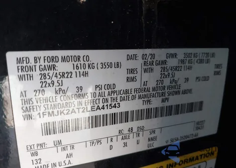 2020 Ford Expedition Limited Max из США, поврежденный, VIN 1FMJK2AT2LEA41543